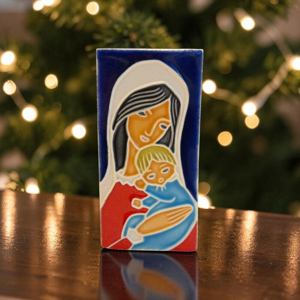 Vintage ITALY Madonna & Jesus Hand Painted Pottery Art SIGNED Creazioni Luciano